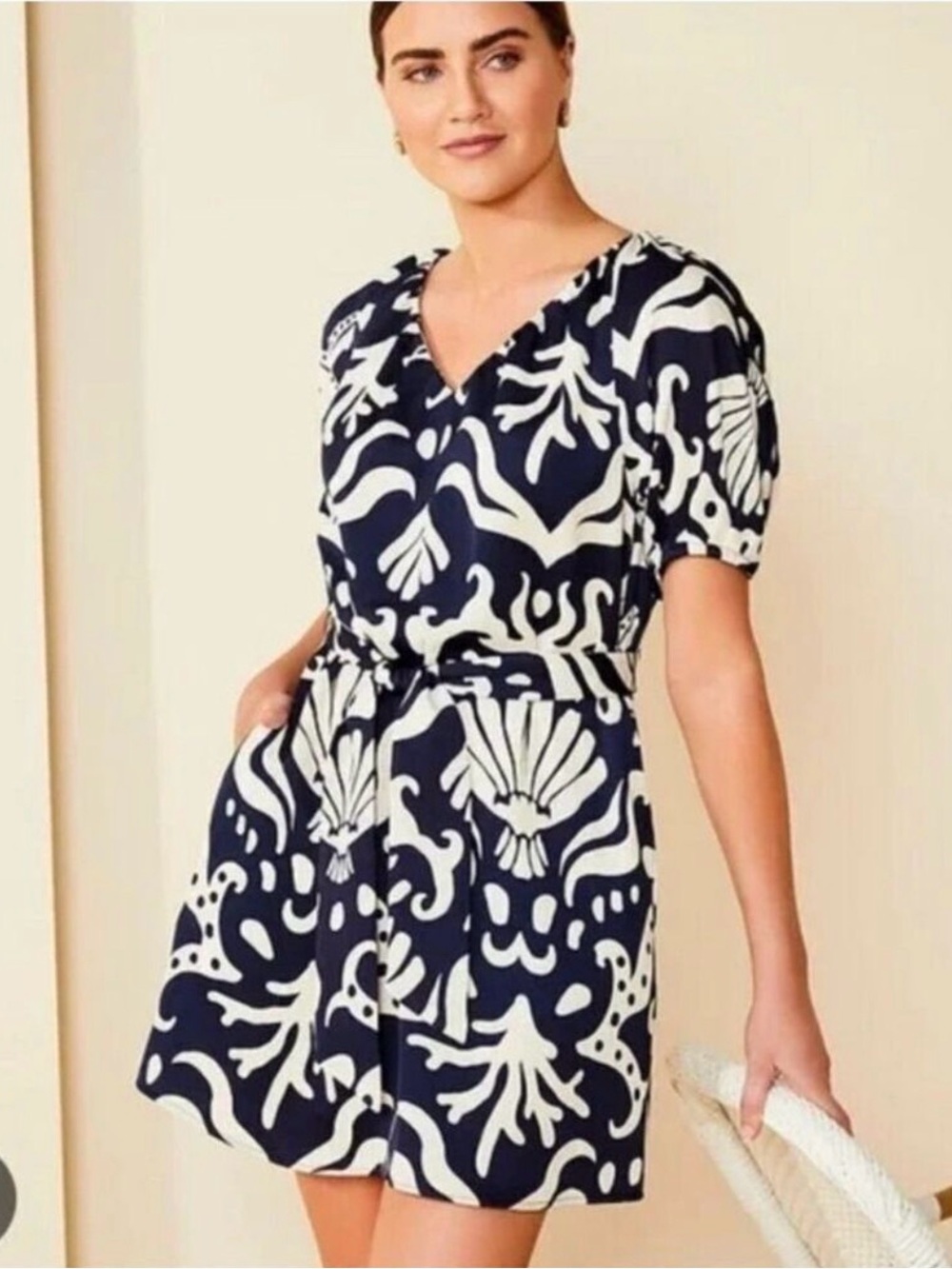 Alex Marie abstract dress Medium belted puff sleeve pocket shell navy print